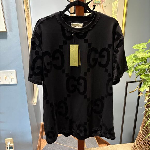 NWT **FLAWED** Gucci Men's Jumbo GG Flocked Oversized Black T-Shirt XL